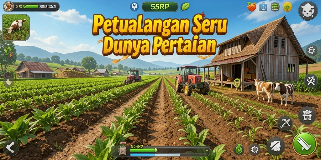 Tangkapan layar dari gameplay 55RP yang menampilkan aktivitas pertanian yang berwarna-warni.