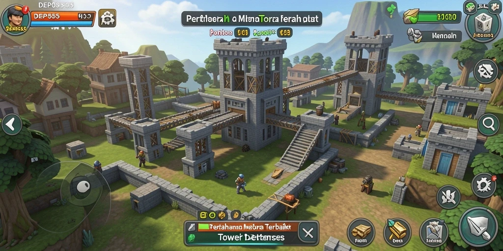 Screenshot gameplay DEPO555 yang menunjukkan menara perang yang mendebarkan.