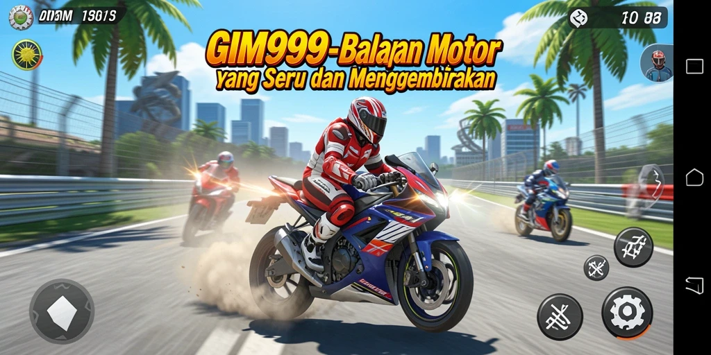 Tangkapan layar gameplay GIM999 menampilkan balapan motor yang intens dan mendebarkan.