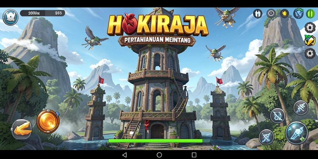 Screenshot utama HOKIRAJA menampilkan aksi pertahanan menara yang mendebarkan.