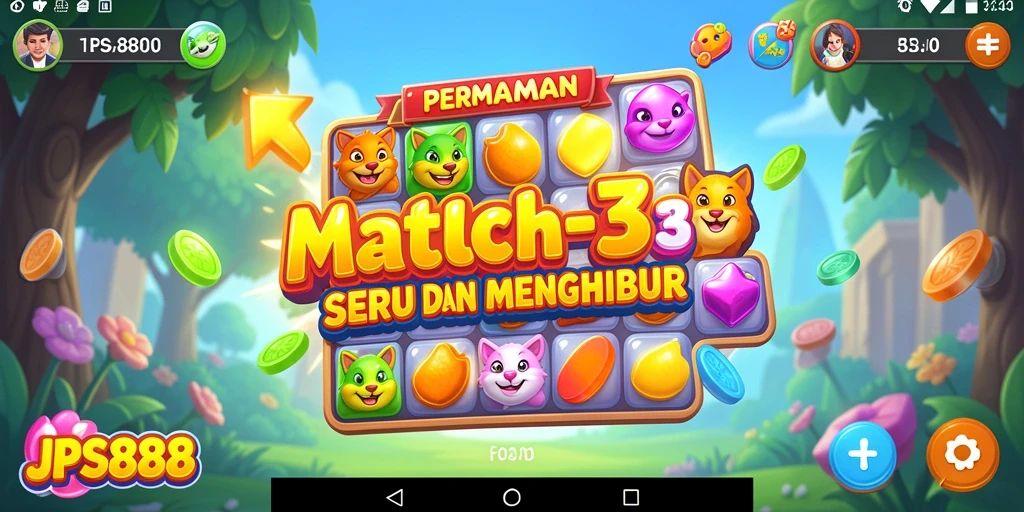 Tampilan gameplay JPS888 dengan kombinasi objek Match-3 yang cerah.