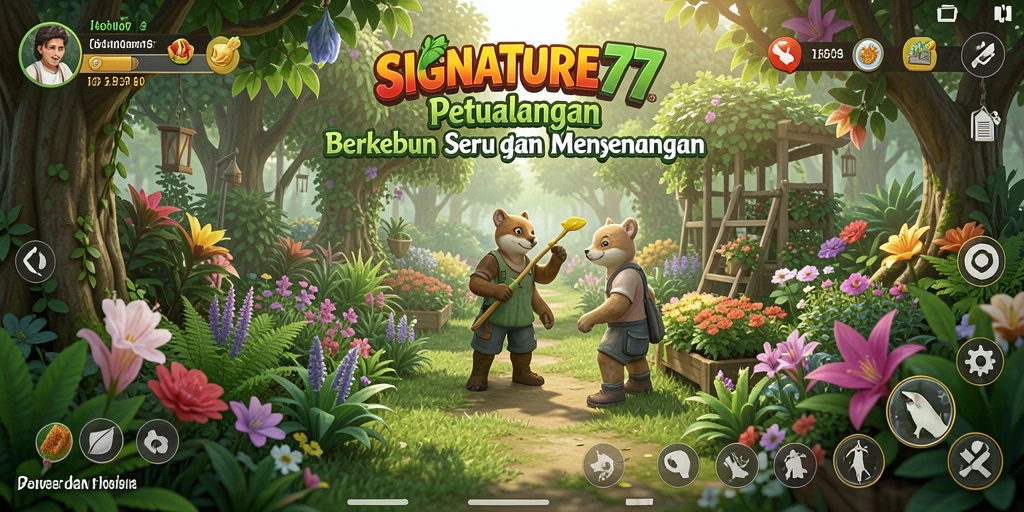 Screenshot utama SIGNATURE77 menampilkan aksi berkebun yang seru dan interaktif.